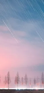 Serene mobile wallpaper with pastel sky and trees.