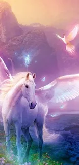 Fantasy Pegasus with wings in a mystical landscape, perfect for mobile wallpaper.