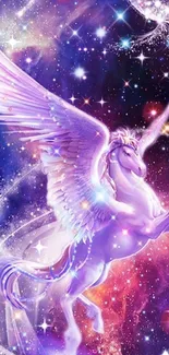 Majestic Pegasus flying through a vibrant galaxy with stars.