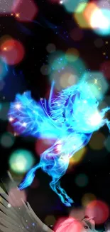 Blue Pegasus with galaxy background and bokeh lights.