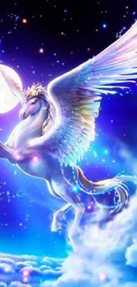 Enchanted Pegasus soaring through a starry night sky with moonlit clouds.