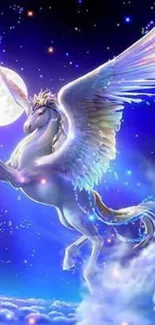 Fantasy Pegasus flies through a starry blue night sky, illuminating the clouds.