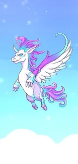 Magical pegasus flying in a vibrant blue sky with fluffy clouds.