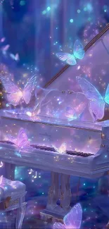 Magical piano with glowing butterflies in a dreamy setting.
