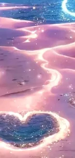 Dreamy pink beach with crescent moon and sparkling sand.