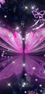 Magical pink butterfly with cosmic flair and starry background.