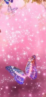 Pink magical wallpaper with butterflies and sparkles.