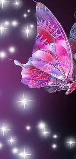 Magical pink butterfly with glowing stars on a dark background.