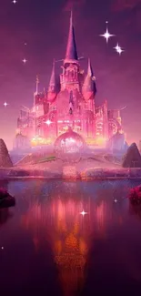 Enchanting pink castle with reflection in serene waters, set in a fantasy landscape.