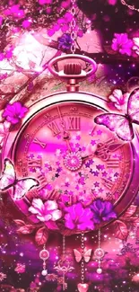 Enchanting pink pocket watch with butterflies and flowers.