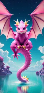 A vibrant pink dragon flying over a serene, magical landscape with clouds and water.