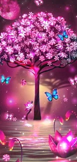 Colorful pink tree and butterflies wallpaper in a magical night setting.