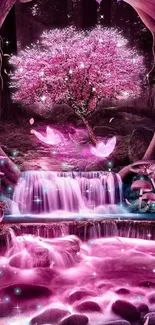 Enchanting pink forest with waterfall and glowing tree wallpaper.