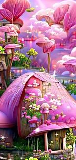 Magical pink fantasy world with mushrooms and vibrant scenery.