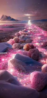 Dreamy galaxy pathway with pink sparkles and purple hues.