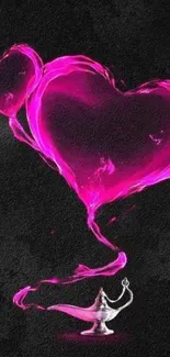 Magical pink hearts from lamp on dark background.