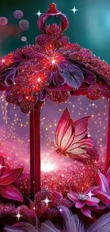 Magical pink lantern with glowing butterfly and floral decor.