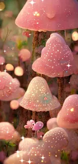 Magical pink glowing mushrooms in a fantasy forest.