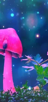 Enchanting pink mushroom and flowers in mystical forest background.