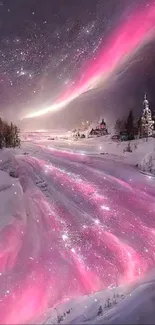 Surreal pink night landscape with snow and stars.