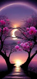 Beautiful pink blossom trees under a crescent moon with a purple night sky.