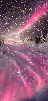 Snowy landscape with pink aurora and glowing skies.