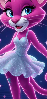 Pink cartoon panther in a sparkly dress on a magical background.