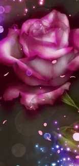 Vibrant pink rose with glowing effects on a dark background.