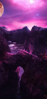 Vibrant pink sky with a moon over rugged mountains and a natural bridge.