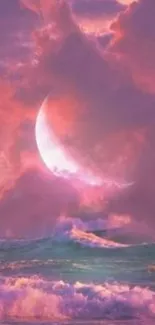 Magical pink sky with moon and ocean waves wallpaper.