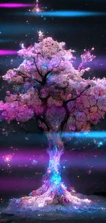 Enchanting pink tree with cosmic lighting against a dark blue backdrop.