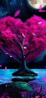 Pink heart-shaped tree under a glowing full moon.