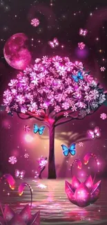 Magical pink tree with blossoms and butterflies under a moonlit sky.