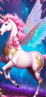 Pink unicorn with golden accents in a magical forest wallpaper.