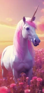 Magical pink unicorn in a flowery field under a pastel sunset sky.