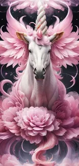 Majestic pink unicorn with floral mane in magical fantasy art.