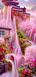 Enchanting pink waterfall with oriental houses.