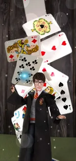 A mystical figure surrounded by floating playing cards on a dark wooden background.