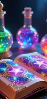 Magical open book with glowing potions