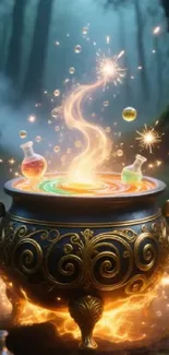 A magical cauldron with colorful potions glowing in a mystical forest.