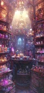 Magical potion room filled with vibrant, glowing jars.