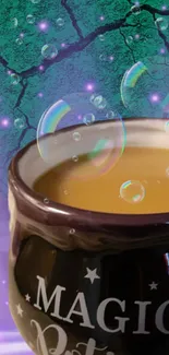 Magical potion cup with bubbles on mystical background.