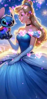 Fantasy art of a princess holding a creature with glowing hearts in the background.