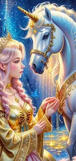 Enchanting scene with a princess and unicorn under a starry blue sky.