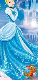 Magical princess in blue dress with castle and fairy tale elements.