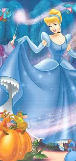 Magical princess in a blue gown with fantasy creatures.