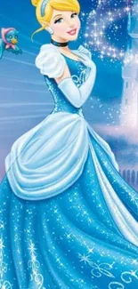 Princess in a sparkling blue gown with a magical castle background.