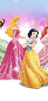 Enchanting princesses in vibrant, sparkling gowns on a magical mobile wallpaper.