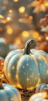 Glowing pumpkin with golden fairy lights.