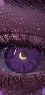 Close-up of a purple eye with celestial elements on a mobile wallpaper.